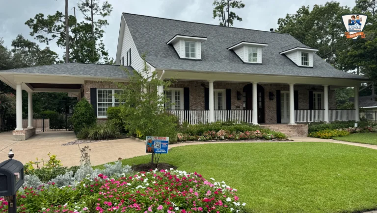 Roof repair in progress on a home in Hedwig Village, Texas