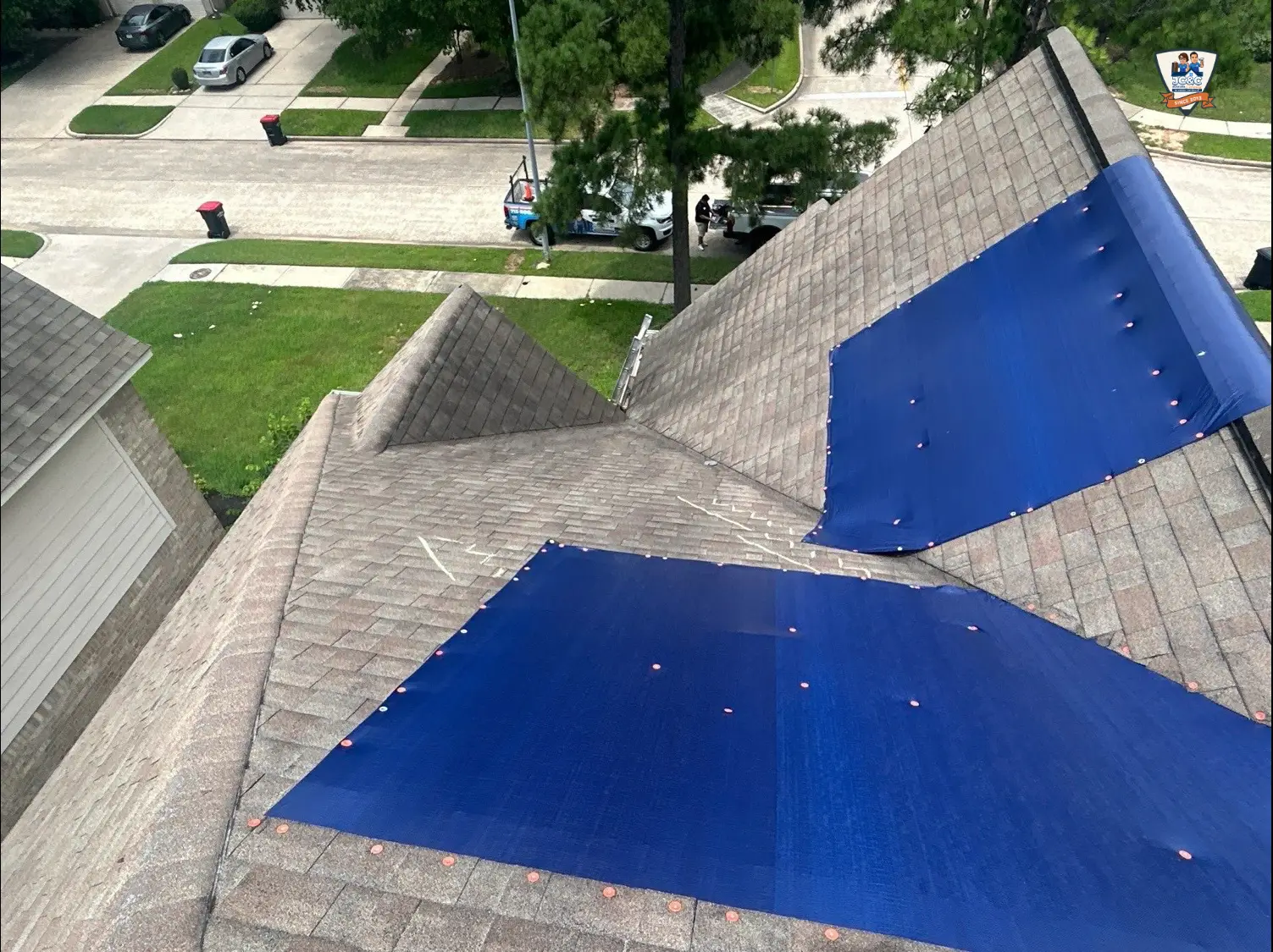 Shingles roof chimney flashing replacement - Storm damage repair Houston
