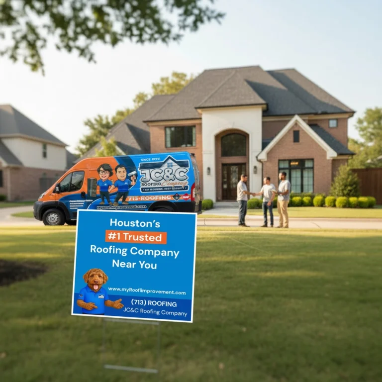 A JC&C Roofing Company yard sign displayed in front of a large brick home, with a branded service van and roofing contractors speaking with a homeowner in the background.