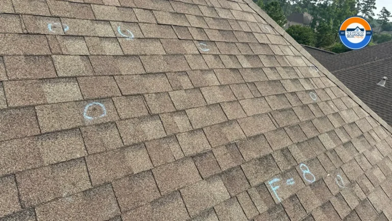 Hail damage on a roof in The Woodlands, Texas, showing bruised shingles and granule loss